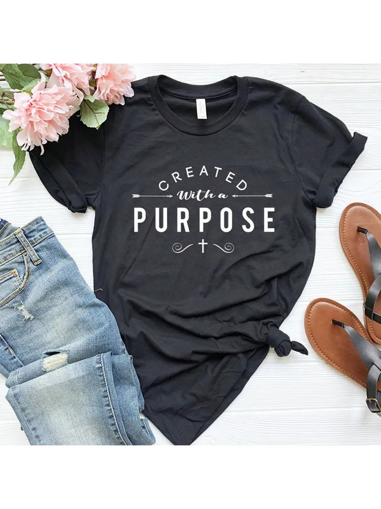 Created with a Purpose Cross T-Shirts | Casual Women’s Christian Faith Tee | Tumblr Grunge Short Sleeve Tops | Drop Shipping Available